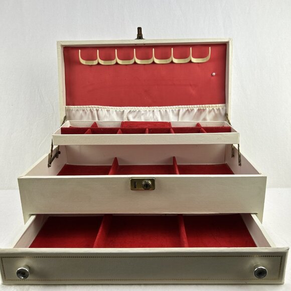 Vintage MCM Jewelry Box Cream Red Satin & Velvet Interior 3 Tier Made In Canada - Picture 1 of 16